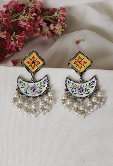 Yellow & White Handpainted Pearl Drop Earrings